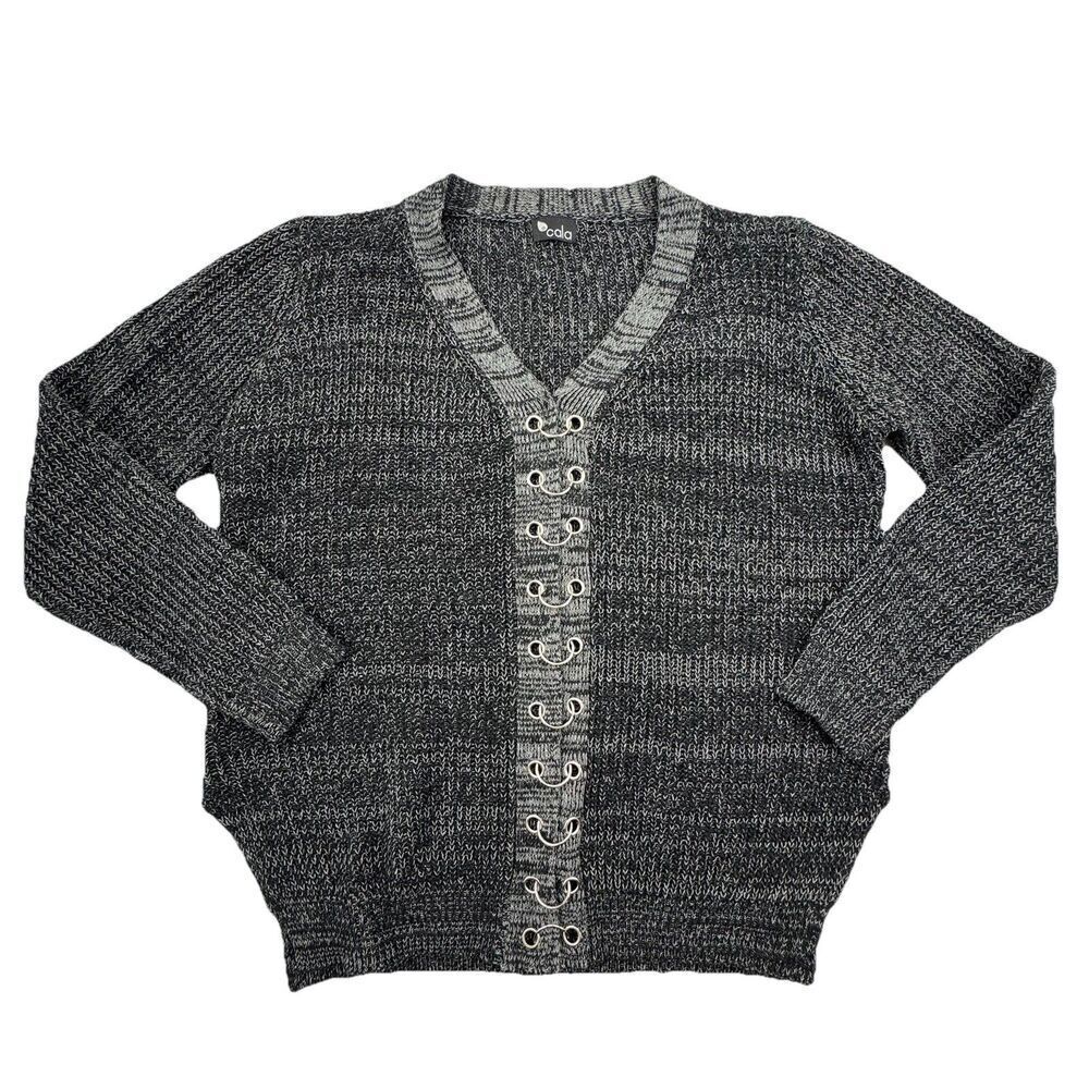 Cala Gray Sweater Womens Large V Neck Silver Grommet Detail Long Sleeve - Picture 5 of 8